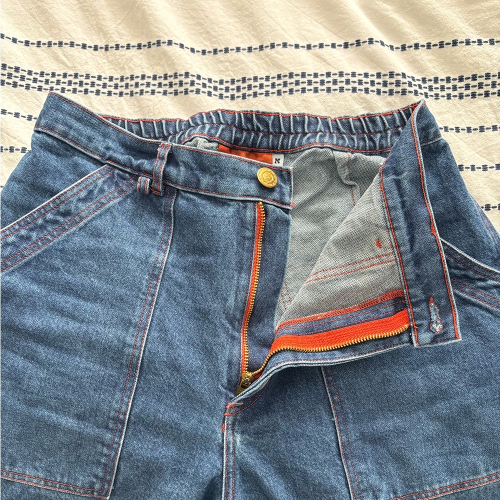 Big Bud Press Dark blue denim carpenter jeans with red stitching